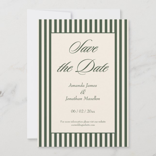 Elegant Dark Green and Cream Stripes Save the Date Invitation (Front)