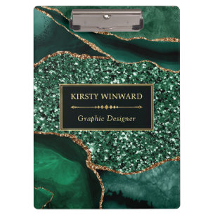 Elegant Dark Green and Gold Glitter Ocean Agate Clipboard