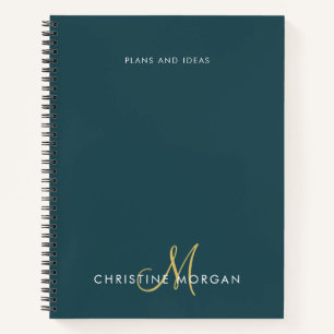 Elegant dark green and gold name monogram initial notebook