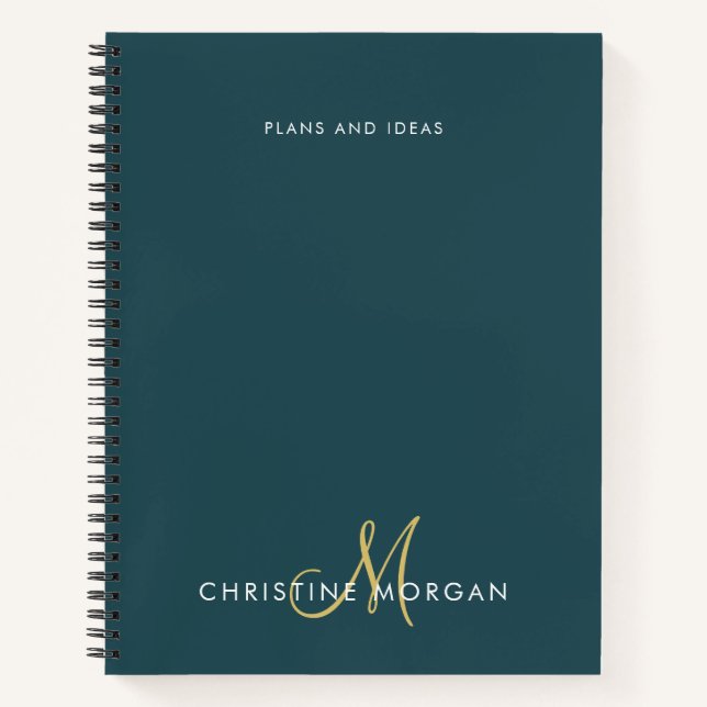 Elegant dark green and gold name monogram initial notebook (Front)