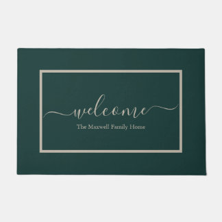 Elegant dark green calligraphy family name doormat