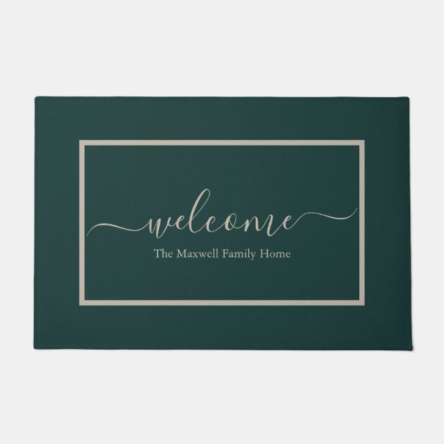 Elegant dark green calligraphy family name doormat (Front)