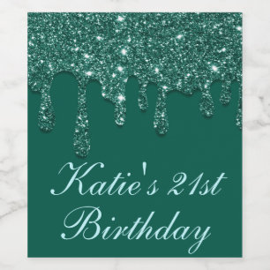 Elegant Dark Green Dripping Glitter 21st Birthday Wine Label