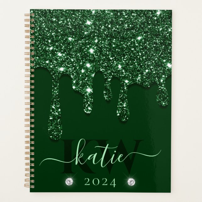 Elegant Dark Green Dripping Glitter Monogram Planner (Front)