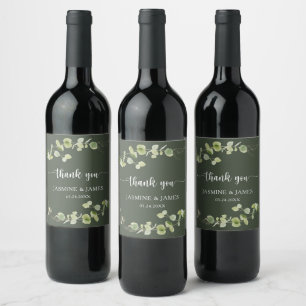 Elegant Dark Green Eucalyptus Wedding Thank You Wine Label