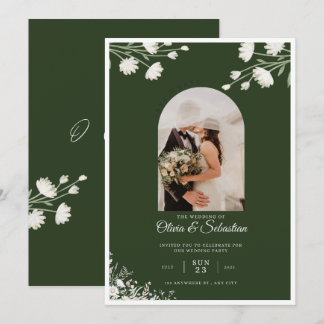 Elegant Dark Green Floral Photo Wedding Invitation