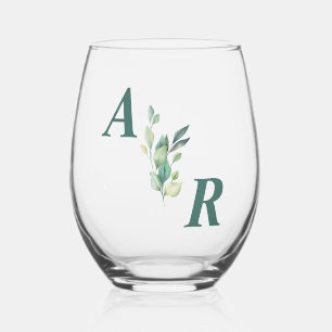 Elegant Dark Green Floral Wedding Stemless Wine Glass
