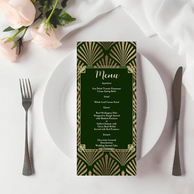 Elegant Dark Green Gold Art Deco 20s Wedding  Menu (Creator Uploaded)