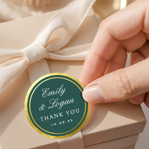 Elegant Dark Green Gold Border Wedding Classic Round Sticker