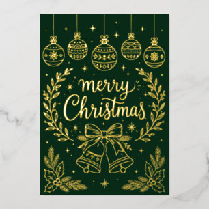 Elegant Dark Green Gold Merry Christmas Line Art