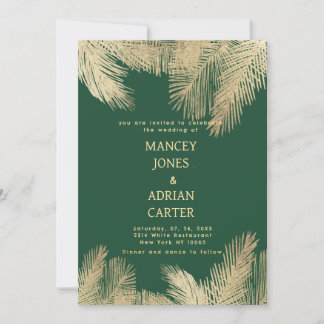 Elegant dark green gold palm tree wedding invitation