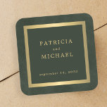 Elegant dark green gold personalised wedding  square sticker<br><div class="desc">Modern classic dark emerald green and faux gold minimalist typography custom wedding favour or envelope seal stickers on a vintage style antique distressed-looking background with faux metallic frame.             Matching wedding stationery is available in the collection.</div>