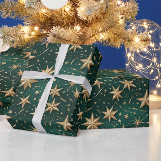 Elegant Dark Green & Gold Star Wrapping Paper (Holidays)