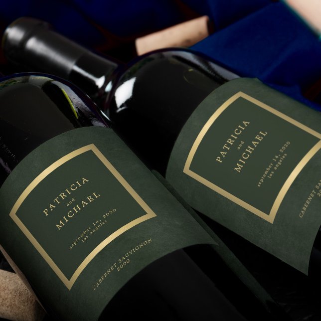 Elegant dark green gold wedding personalised wine label (Creator Uploaded)