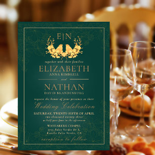 Elegant Dark Green Golden Birds Monogrammed Invitation