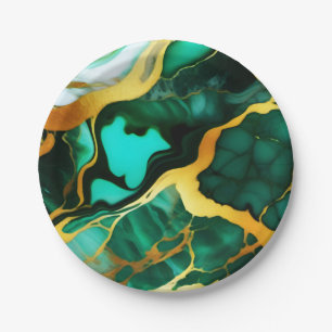 Elegant dark green golden yellow Faux Marble Paper Plate