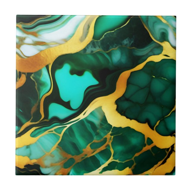 Elegant dark green golden yellow Faux Marble  Tile (Front)