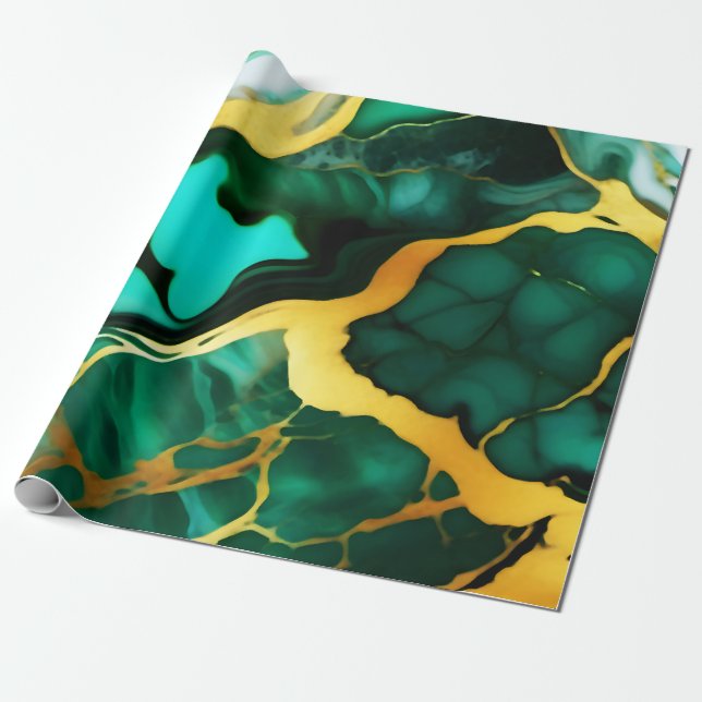 Elegant dark green golden yellow Faux Marble  Wrapping Paper (Unrolled)