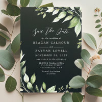 Elegant Dark Green Greenery Leaves Save The Date