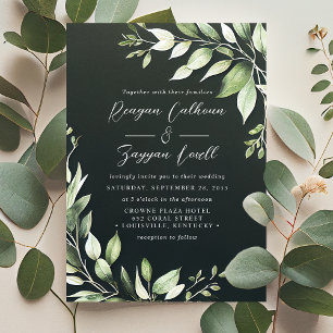 Elegant Dark Green Greenery Leaves Script Wedding  Invitation