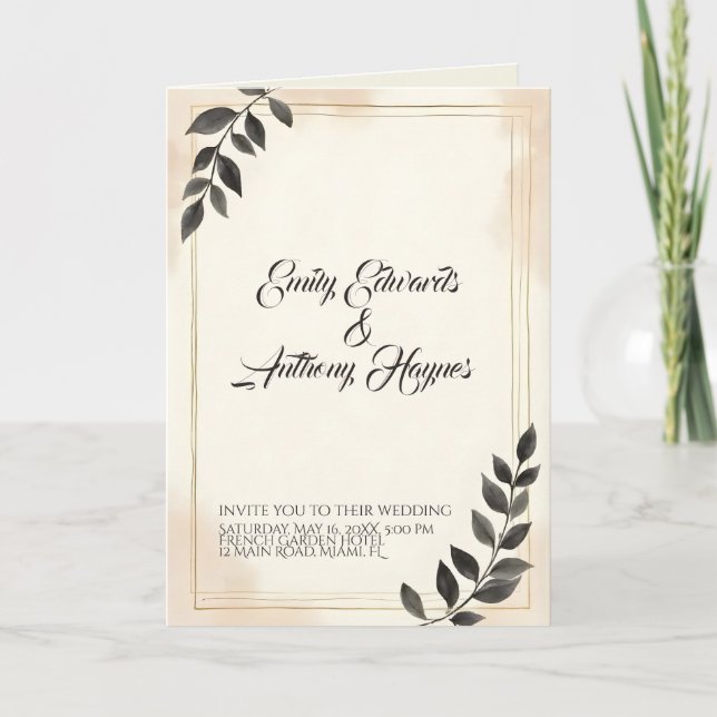 Elegant Dark Green Leaf Wedding Invitation (Front)