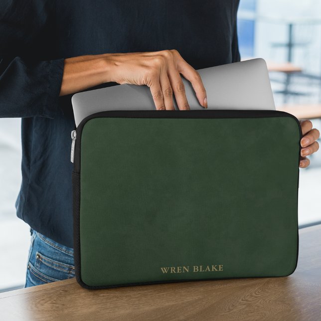Elegant Dark Green Leather & Gold Typography name Laptop Sleeve (Creator Uploaded)