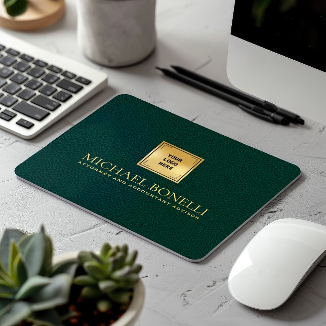 Elegant Dark Green Leather Luxury Gold Logo NAME Mouse Pad (Creator Uploaded)