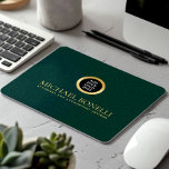 Elegant Dark Green Leather Luxury Gold ROUND Logo  Mouse Pad<br><div class="desc">Enhance your workspace with this emerald green leather print mouse pad, designed to combine style and functionality. Featuring a luxurious gold logo and the option to add two lines of custom text, this mouse pad is perfect for personalising with your name, business, firm, or any other details of your choice....</div>