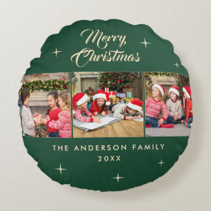 Elegant Dark Green Merry Christmas 3 Photo Collage Round Cushion