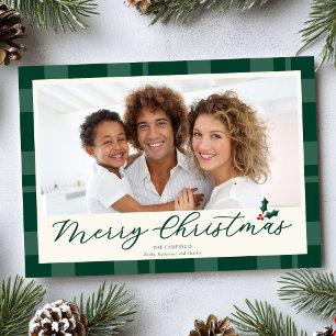 Elegant Dark Green Plaid Merry Christmas Photo Holiday Card