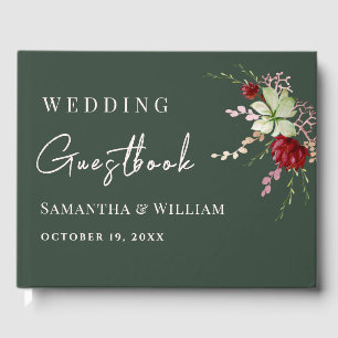 Elegant Dark Green Rustic Boho Wildflower Wedding Guest Book