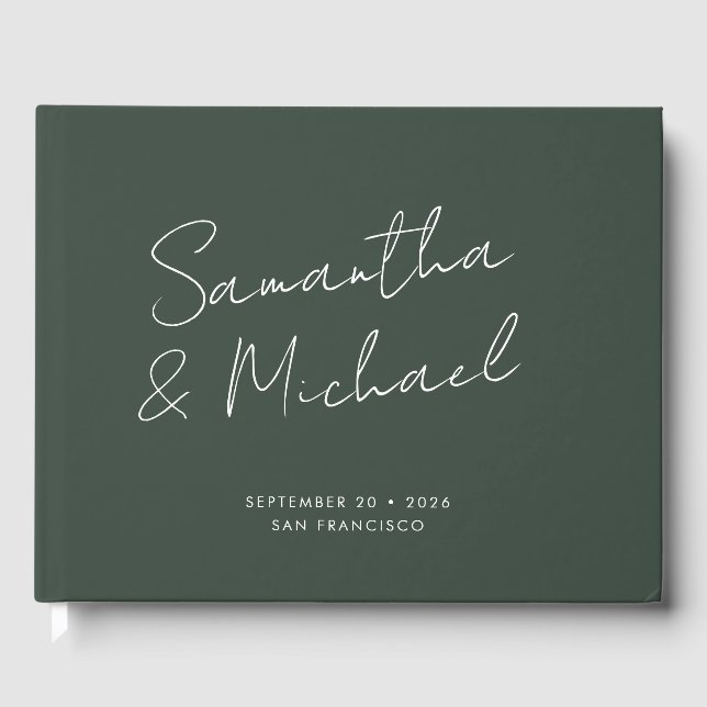 Elegant Dark Green Script Calligraphy Wedding Guest Book (Front)