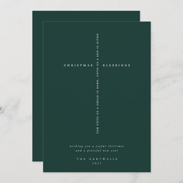 Elegant Dark Green Scripture Cross  Holiday Card (Front/Back)