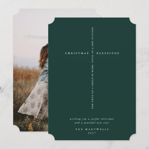 Elegant Dark Green Scripture Cross Photo Holiday Card