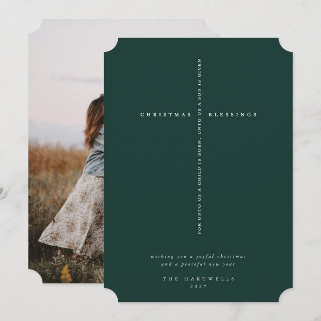 Elegant Dark Green Scripture Cross Photo Holiday Card (Front/Back)