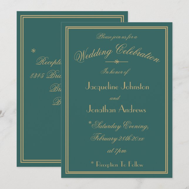 Elegant Dark Green Wedding Gold Script Names Date Invitation (Front/Back)