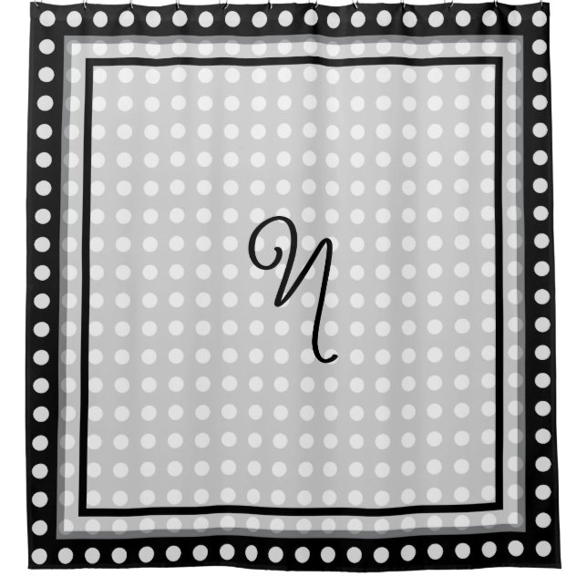 Elegant Dark Grey Border Script Monogram Shower Curtain (Front)