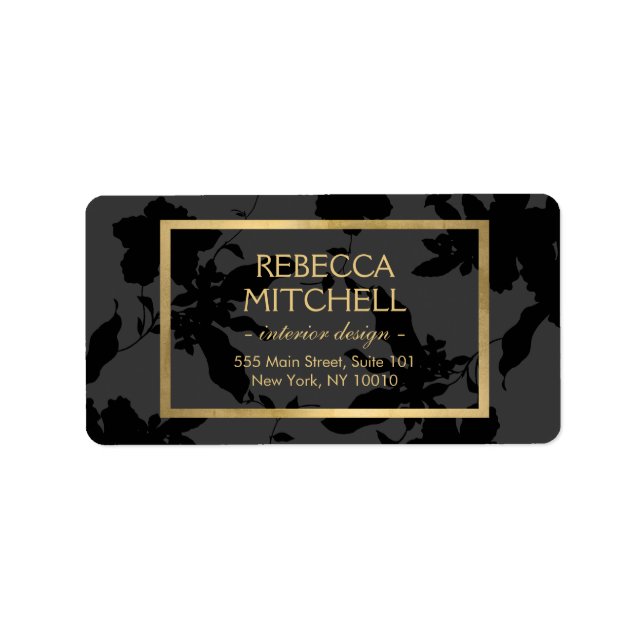 Elegant Dark Grey Floral Pattern with Gold Accents Label (Front)
