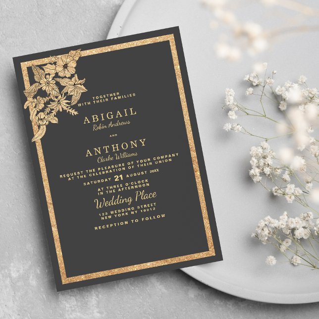 Elegant dark grey gold glitter floral Wedding Invitation (Elegant dark gray gold glitter floral Wedding )