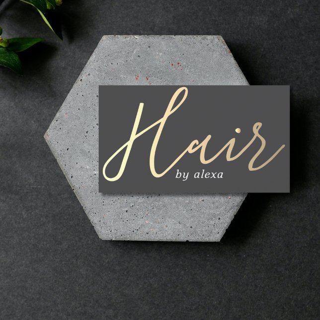 Elegant Dark Grey Golden Bold Hair Stylist  Business Card (Creator Uploaded)