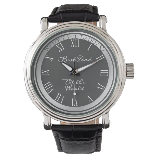 Elegant Dark Grey Grey Silver Border Best Dad Text Watch (Front)