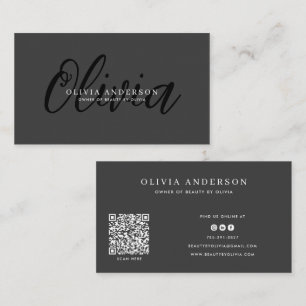 Elegant Dark Grey Handwritten Script Name, QR Code Business Card