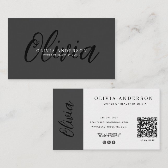 Elegant Dark Grey Handwritten Script Name, QR Code Business Card (Front/Back)