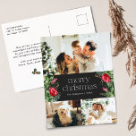 Elegant Dark Grey Merry Christmas 3 Photo Holiday Postcard<br><div class="desc">This collection features watercolor red florals,  berries & winter greenery with modern & elegant typography,  with a winter botanical pattern back.</div>