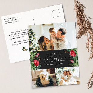 Elegant Dark Grey Merry Christmas 3 Photo Holiday Postcard