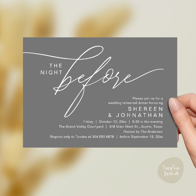Elegant Dark Grey Script Wedding Rehearsal Dinner Invitation (Elegant Script Wedding Rehearsal Dinner Invitation Card in Dark Grey)