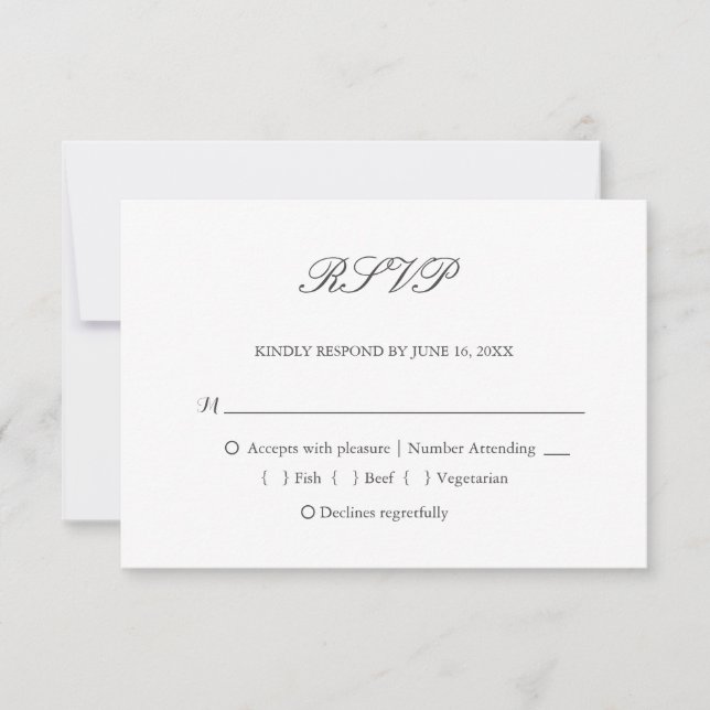 Elegant dark grey white typography wedding RSVP card (Front)