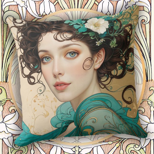 Elegant Dark Haired Art Nouveau Woman Cushion (Creator Uploaded)