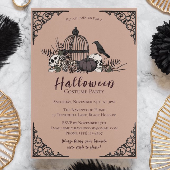 Elegant Dark Halloween Adult Costume Party Invitation (Vintage Orange and Black Halloween Party Invitation. Hand Drawn Raven Pumpkin Skull Roses & Birdcage)