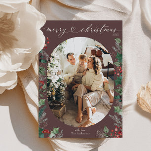 Elegant Dark Mauve Merry Christmas Photo  Holiday Card